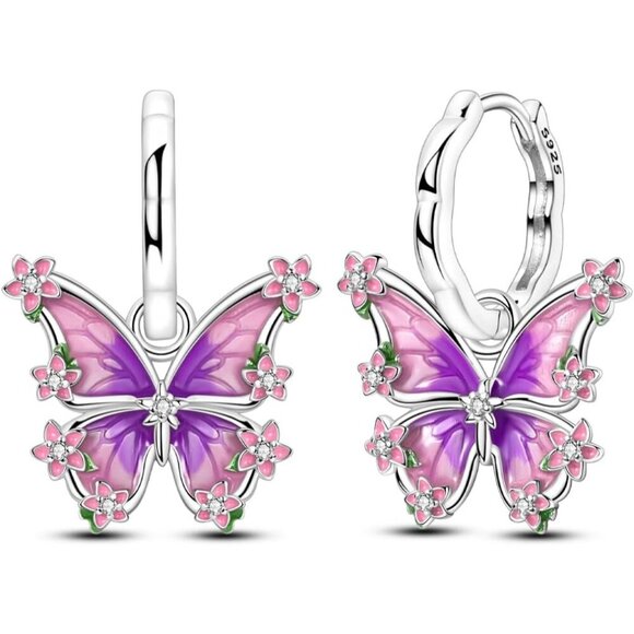Jewelry - Lightweight Sterling Silver Butterfly Hoop Earrings with Cubic Zirconia Accents